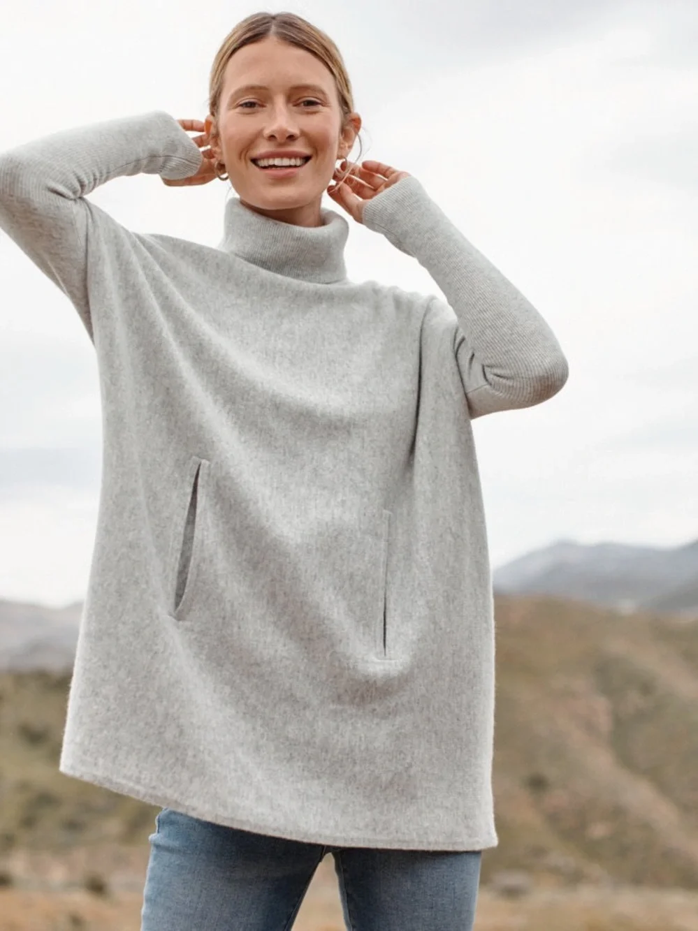 Garnet Hill Gray Cashmere Turtleneck Pocket Sweater